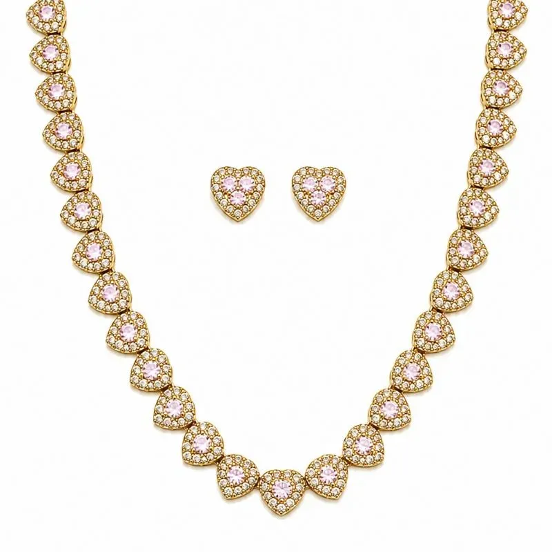 Conjunto Cravejado Coração Dourado com Pedras Coloridas  40cm