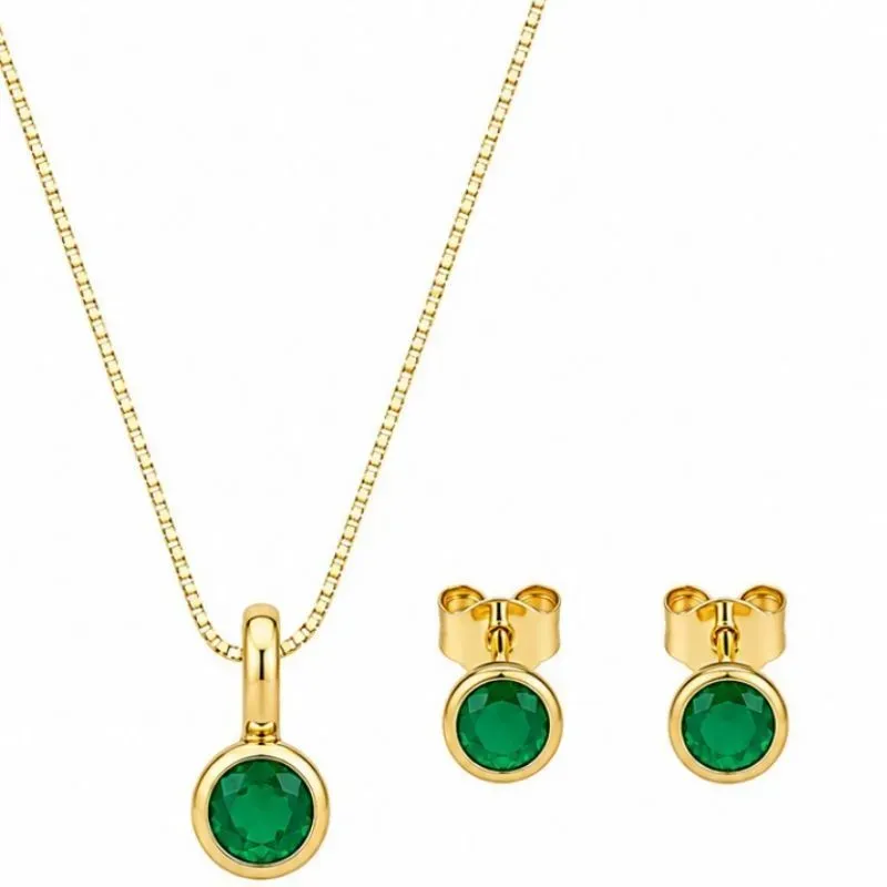 Conjunto Ponto de Luz Verde Banhado a Ouro 18k