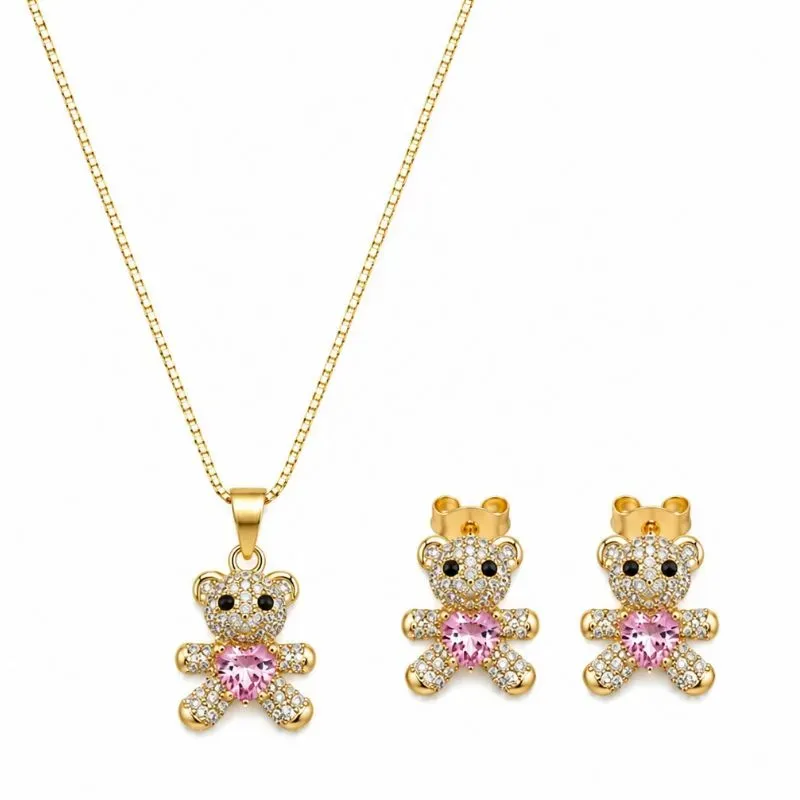Conjunto Ursinho com Coração Rosa Claro Banhado a Ouro 18k