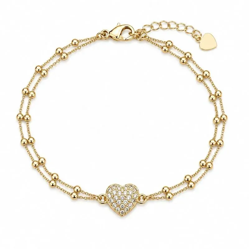 Pulseira Dupla de Bolinhas com Coração Cravejado  18cm.