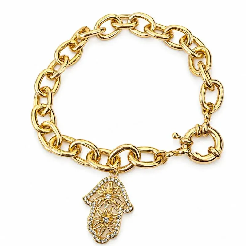 Pulseira Elo Português com Mão de Fátima  Banhada a Ouro 18k.