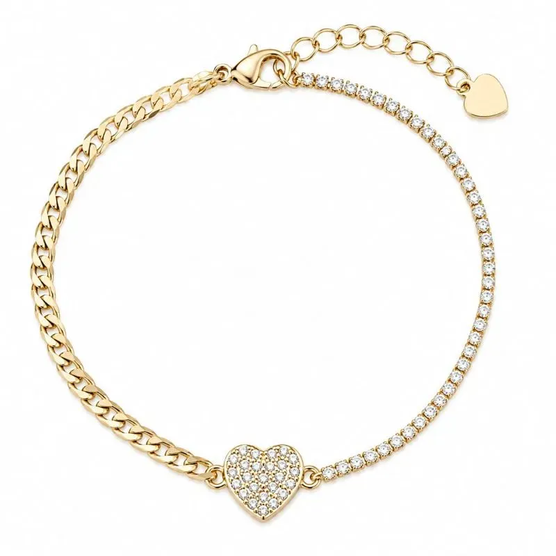 Pulseira Elos Gourmet com Elos Cravejados e Coração  17cm.
