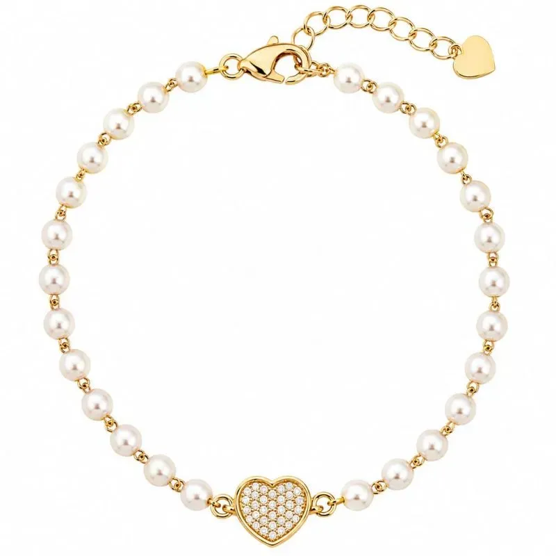 Pulseira Feminina de Pérolas com Coração Cravejado.