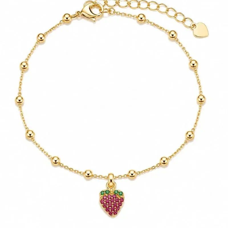 Pulseira Infantil Moranguinho Cravejado  Banhada a Ouro 18k.