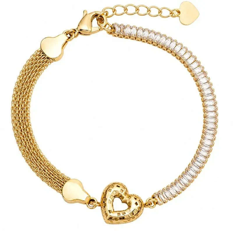 Pulseira Luxo com Coração Cravejado Banhada a Ouro 18k.
