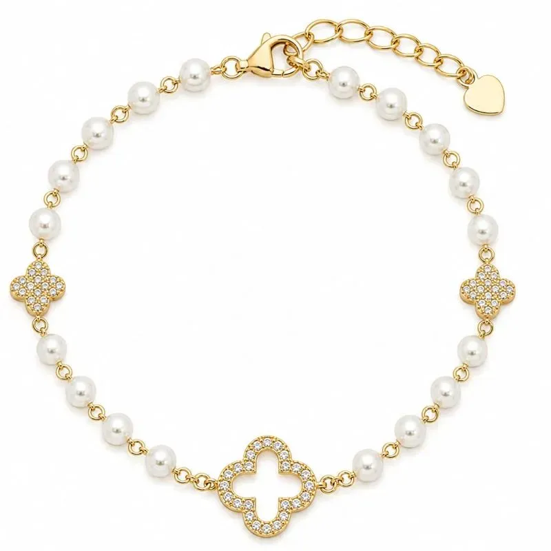 Pulseira Pérolas com Trevo Cravejado Banhada a Ouro 18k.
