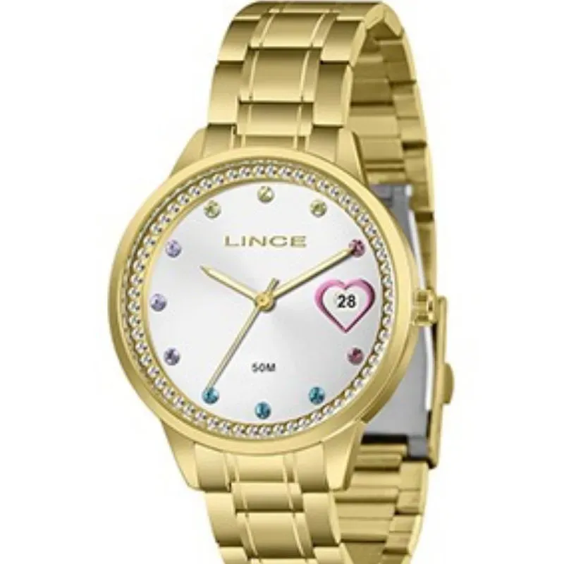 Relógio Feminino Lince Crystal Heart Gold.
