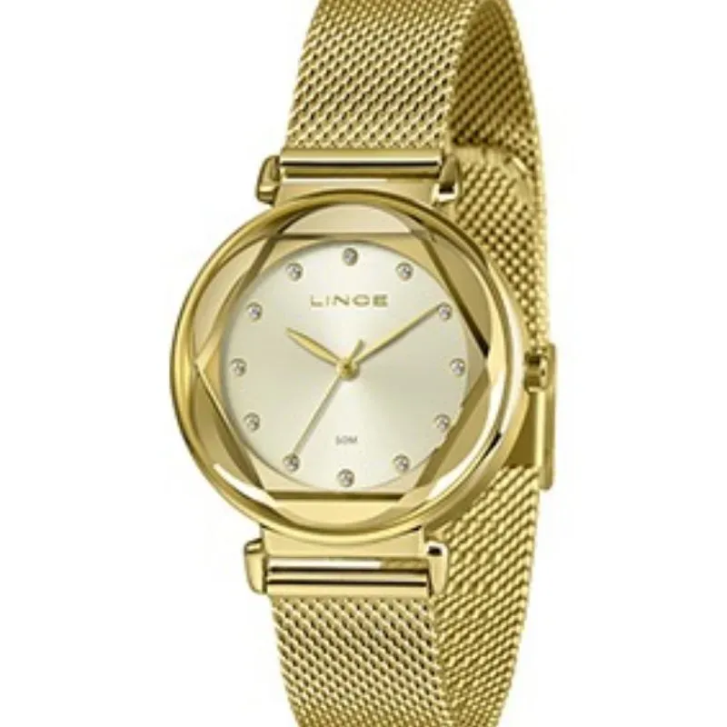 Relógio Feminino Lince Golden Crystal Mesh.