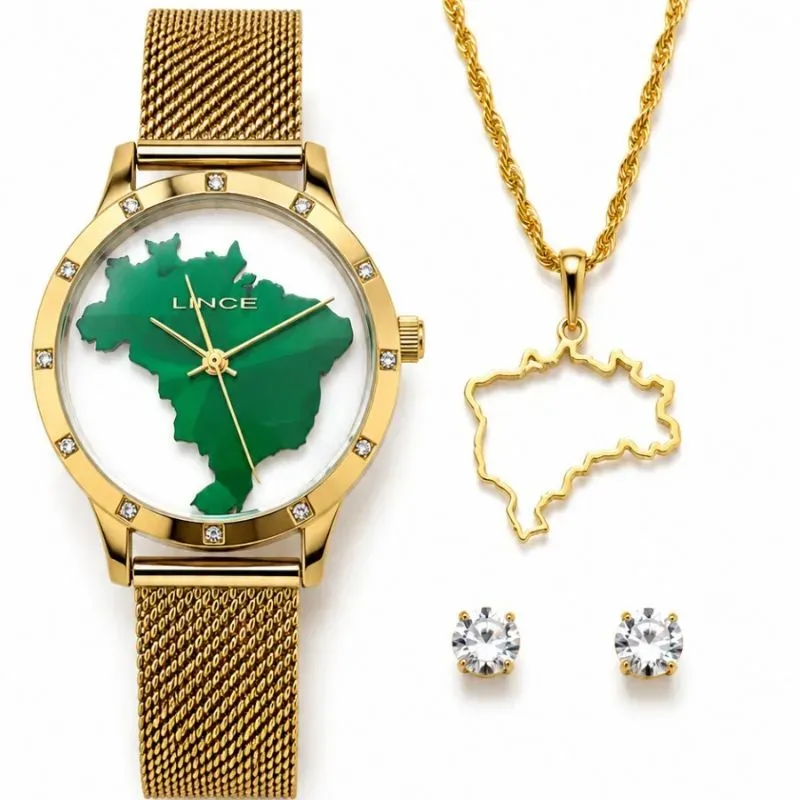 Relógio Lince Feminino com Conjunto Folhado Mapa do Brasil.