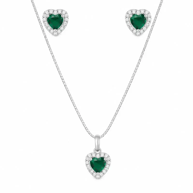 Conjunto Coração Cravejado  Prata 925 - Com Veneziana
