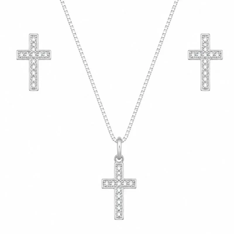Conjunto Cruz Prata 925 com Zircônias Cristal