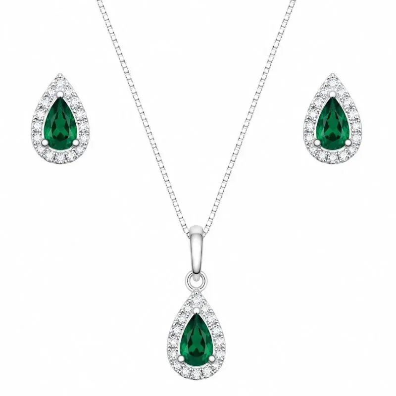 Conjunto Gota Verde em Prata 925
