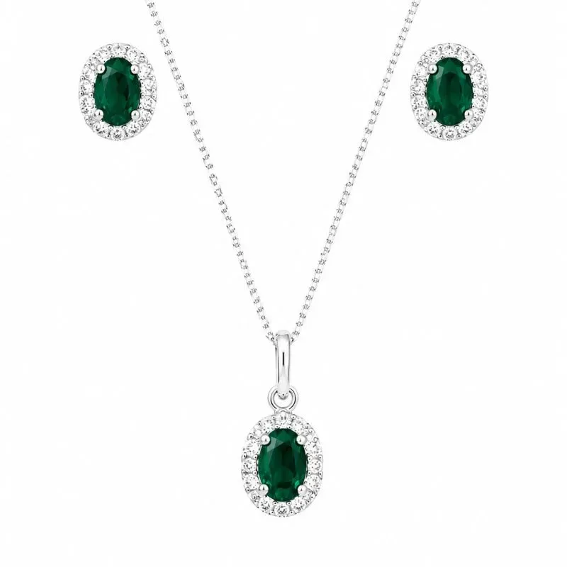 Conjunto Oval Verde Safira em Prata 925 -  Com veneziana