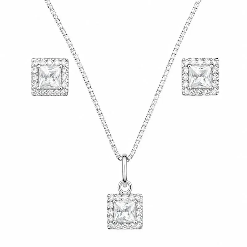 Conjunto Quadrado Prata 925 com Zircônias Cristal