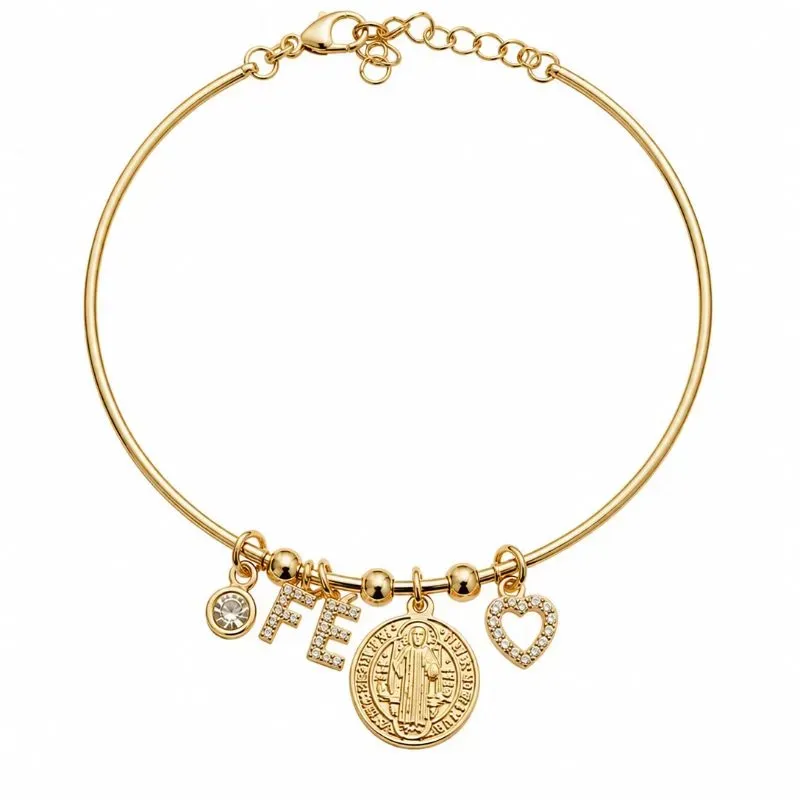 Pulseira Bracelete Fé com Medalha e Coração Cravejado