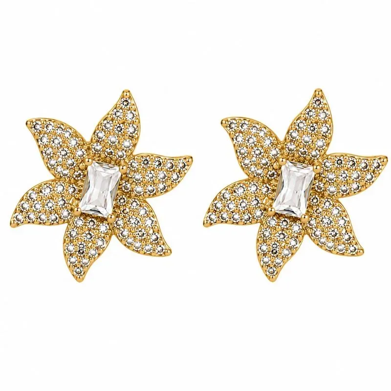 Brinco Flor Cravejada com Zircônia Retangular.
