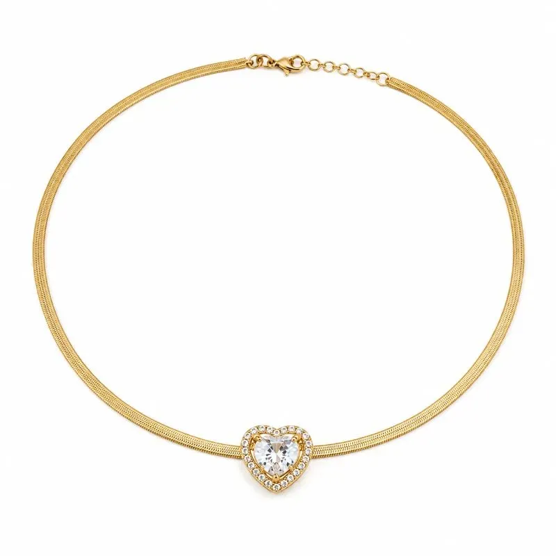 Colar Choker Malha Achatada com Coração Cravejado