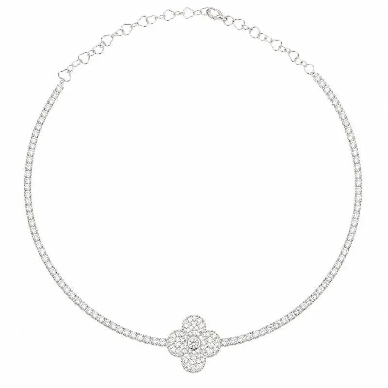 Colar Riviera Flor Cravejada  Banhado a Prata