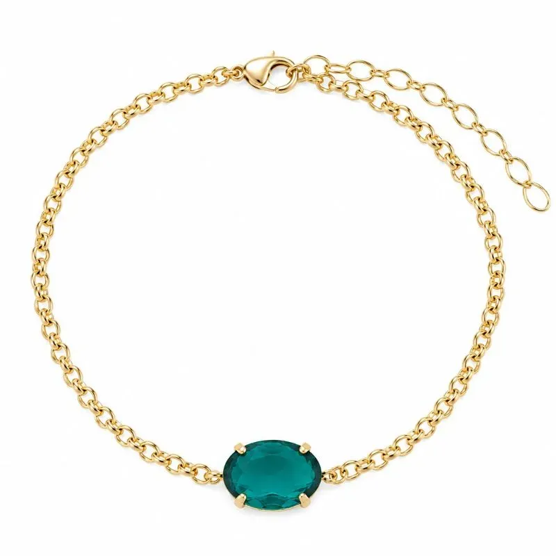 Pulseira com Pedra Verde Esmeralda Banhada a Ouro.