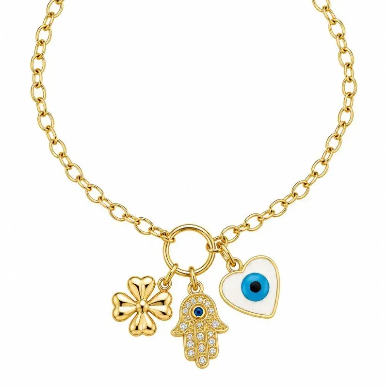 Pulseira com Pingentes Trevo, Mão de Fátima e Olho Grego