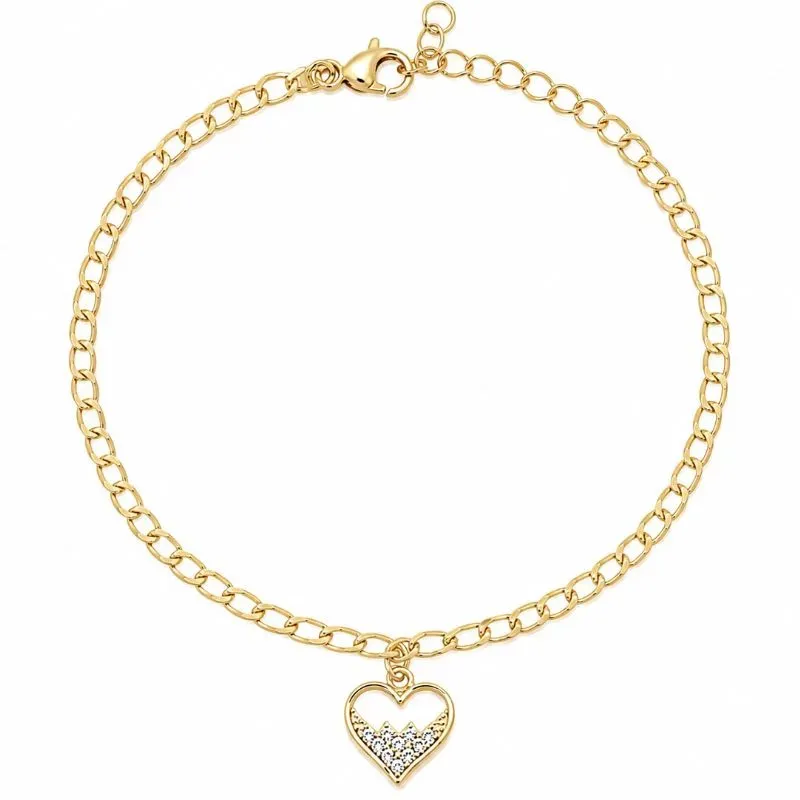Pulseira Elo Clássico com Pingente de Coração Cravejado