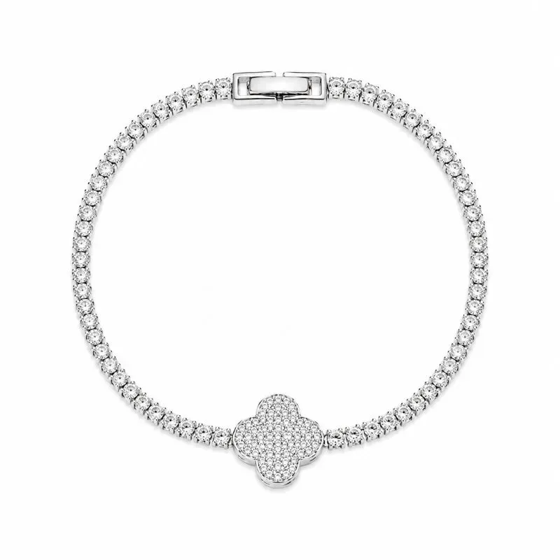 Pulseira Trevo Cravejado Banhado a Prata
