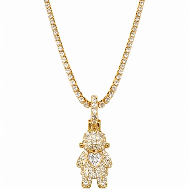 Colar Cravejado com Pingente Menina e Coração Cristal