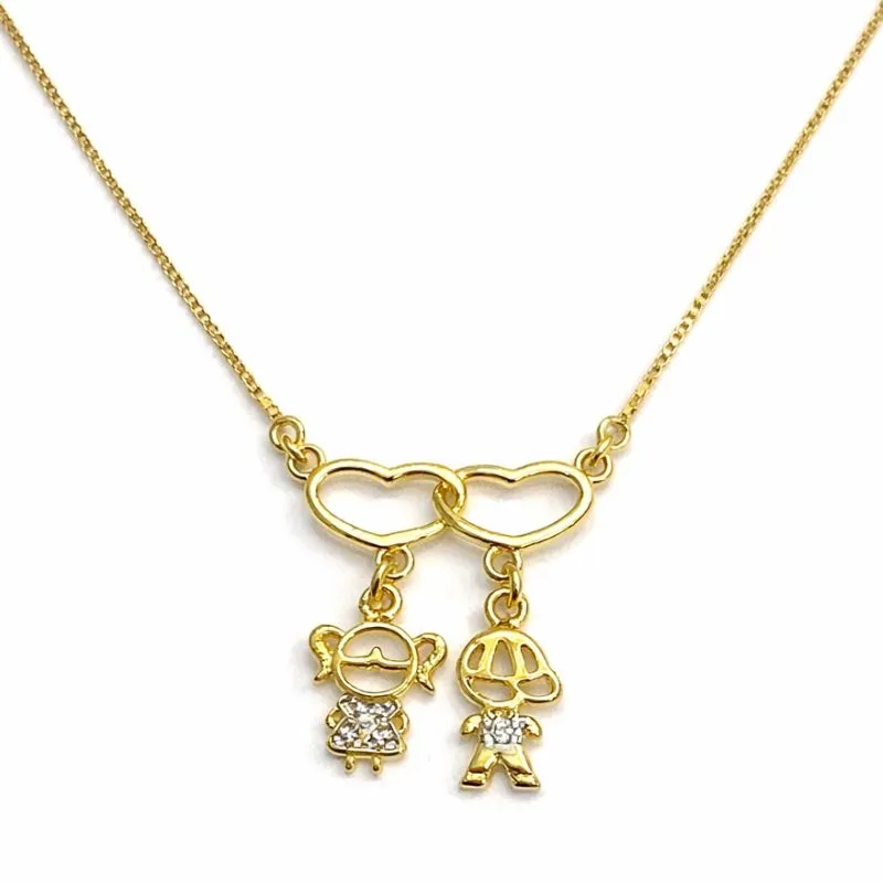 Colar Dois Corações com Pingentes de Filhos Casal