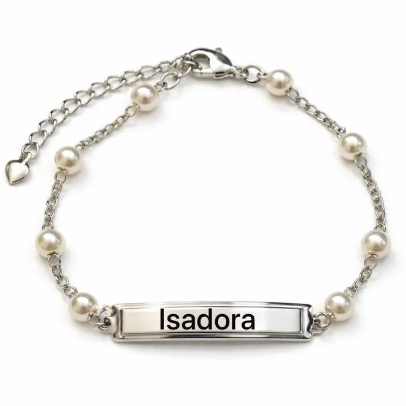 Pulseira Infantil Personalizada com Pérolas e Plaquinha em Ródio