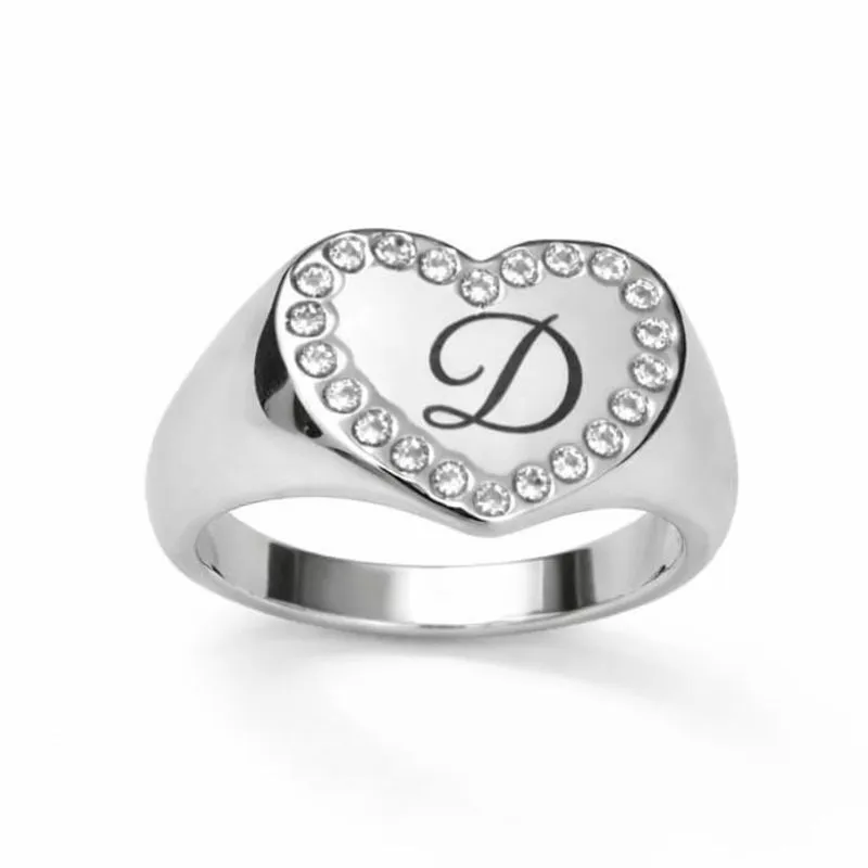 Anel Coração Personalizado em Ródio Branco com Zircônias.