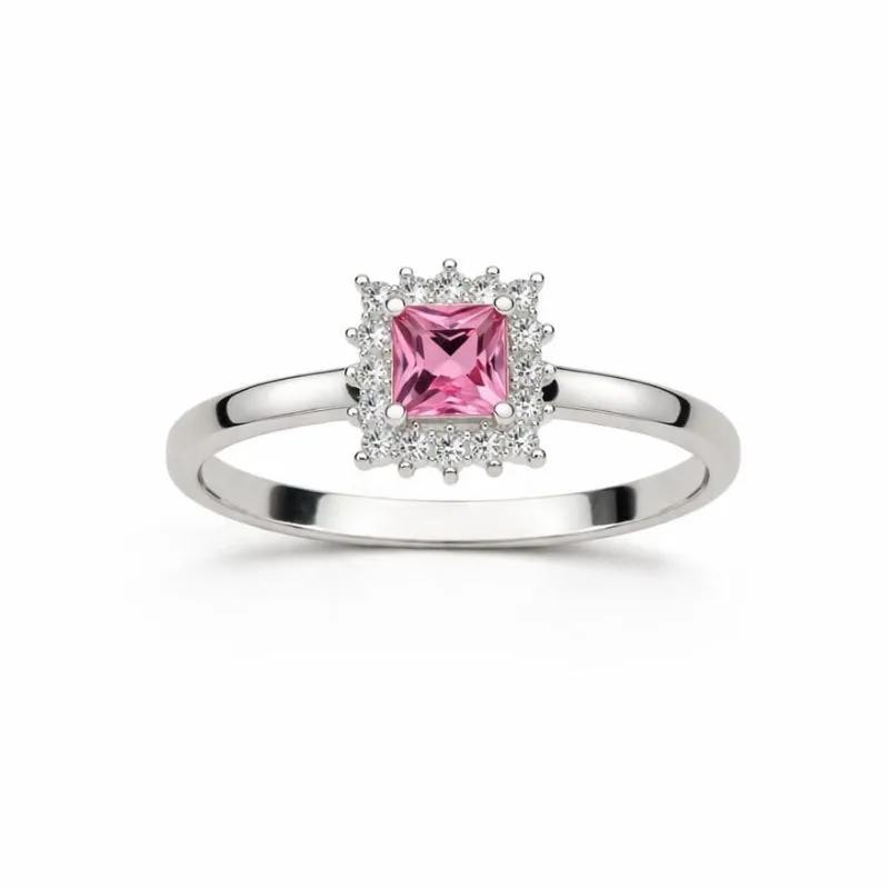 Anel em Prata 925 com Pedra Rosa e Detalhes Cravejados