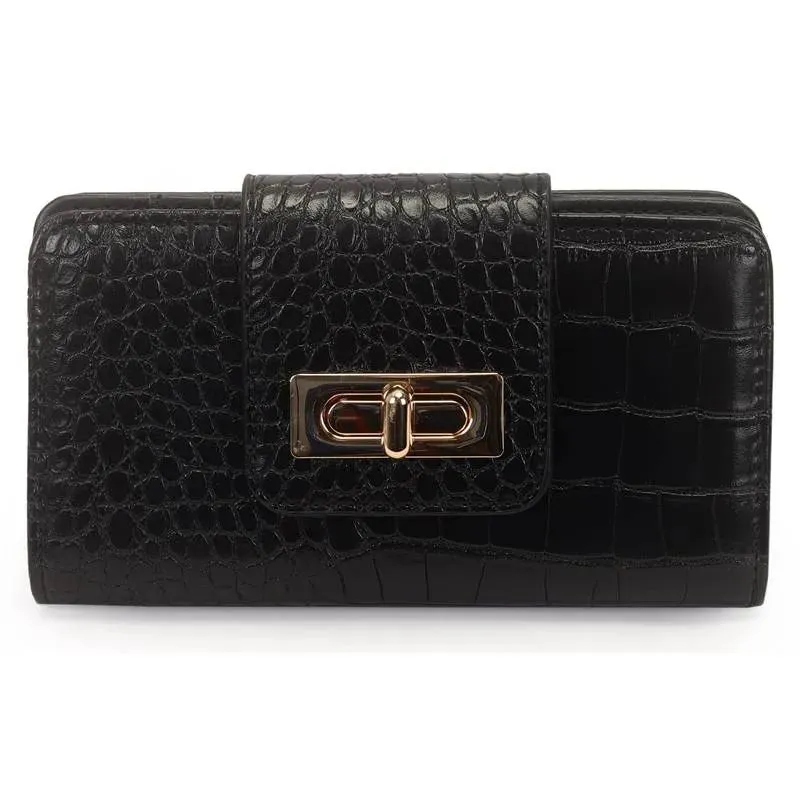 Carteira Média Croco com Fecho Preta