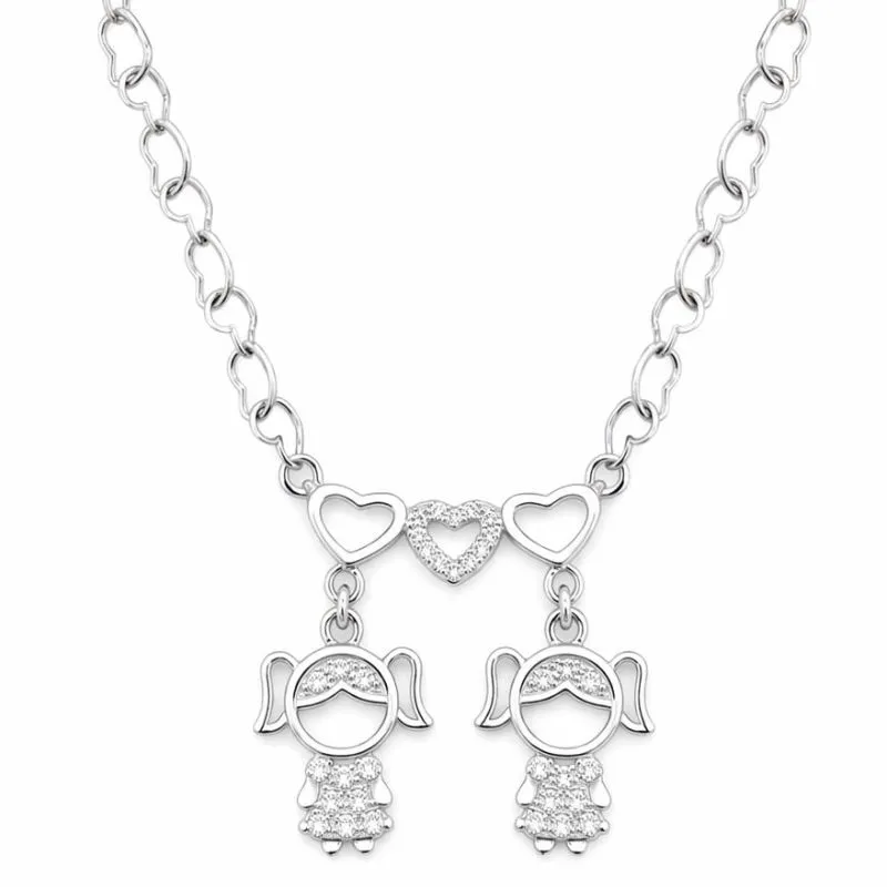 Colar com Meninas e Corações em Ródio Branco