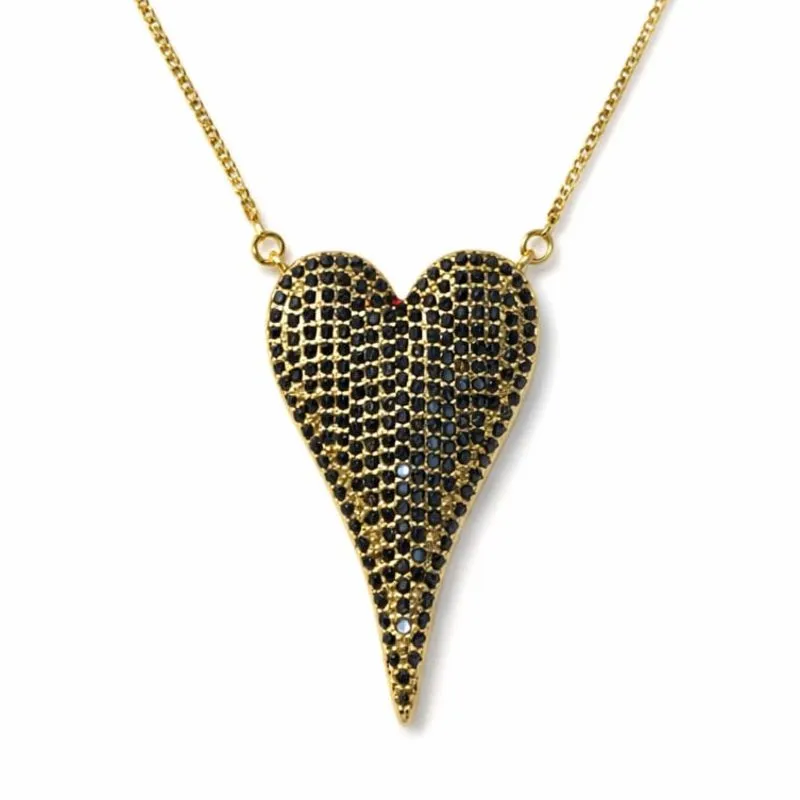 Colar Coração Alongado Cravejado com Zircônias Pretas.