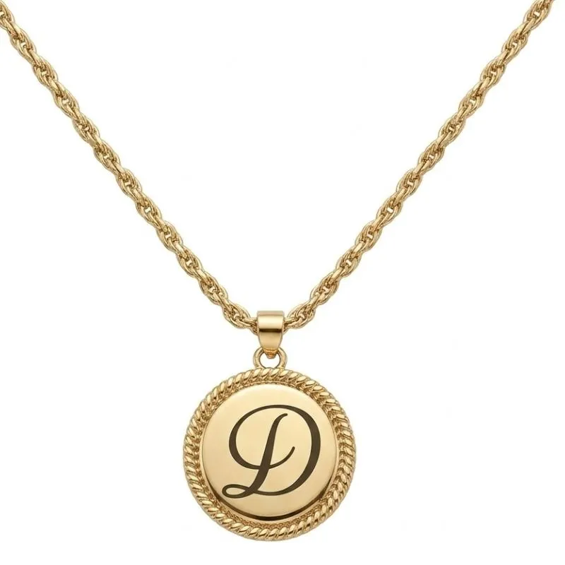 Colar Cordão Baiano com Placa Redonda  Letra Inicial Personalizada