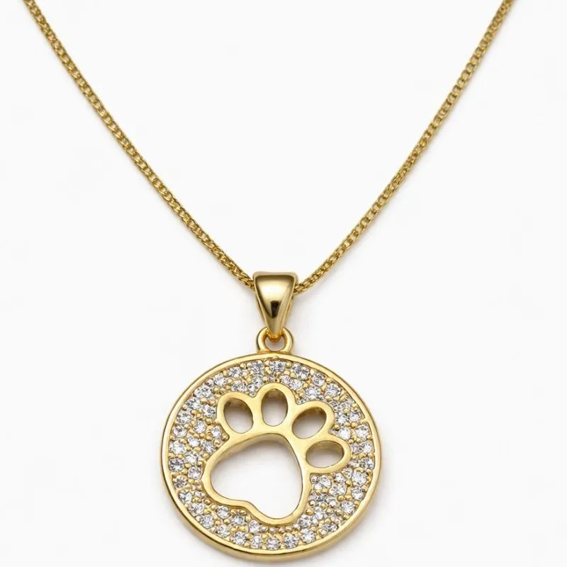 Colar Medalha Patinha Cravejada Banhado a Ouro.