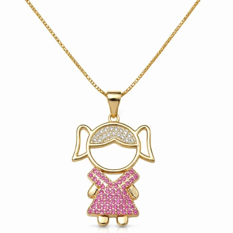 Colar Menina com Vestido Rosa Cravejado.