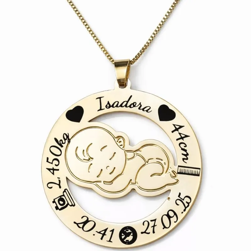 Colar Personalizado com Pingente Redondo 3cm Com Dados de Nascimento.