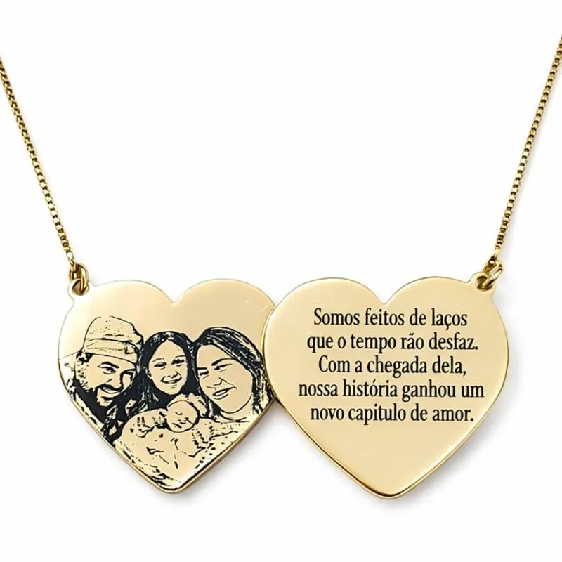 Colar Personalizado Coração Duplo 2,5 cm Cada Coração Fotogravação e Frase.