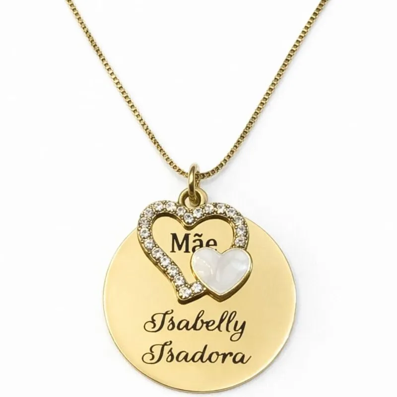 Colar Personalizado Medalha 2,5cm com 2 Nomes e Coração Mãe.