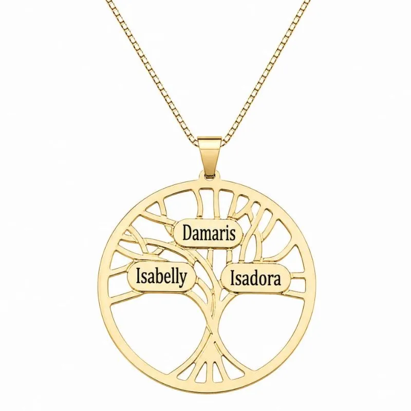Colar Personalizado Redondo 3cm 3 Nomes Árvore da Vida Banhado a Ouro