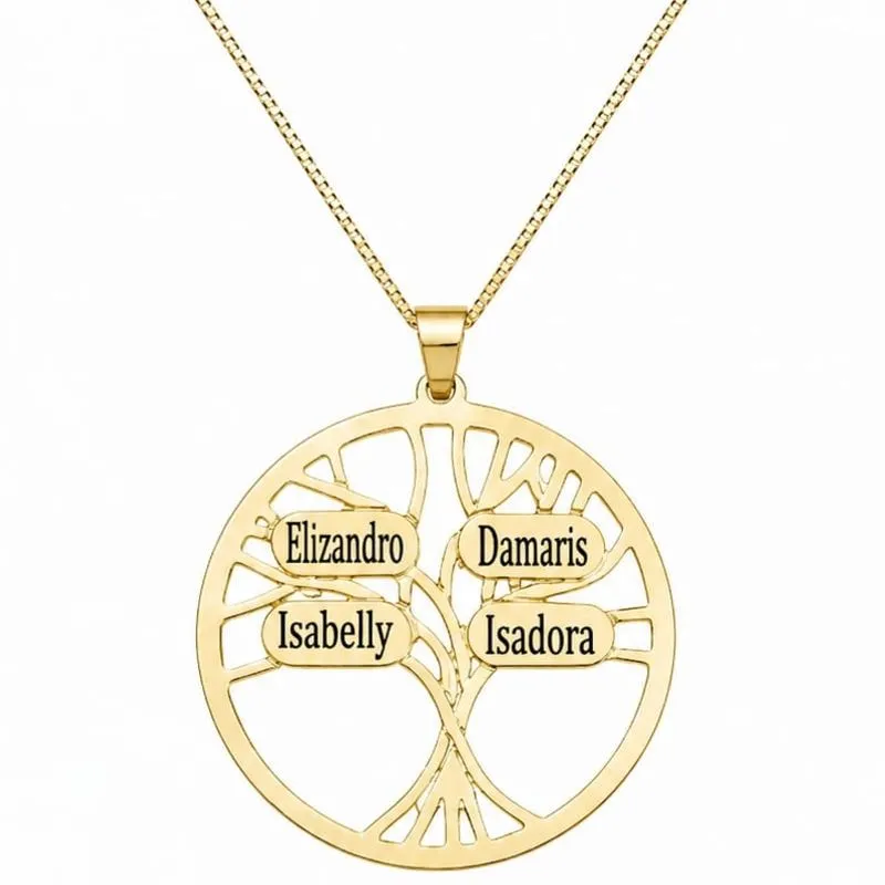 Colar Personalizado Redondo 3cm 4 Nomes Árvore da Vida Banhado a Ouro.