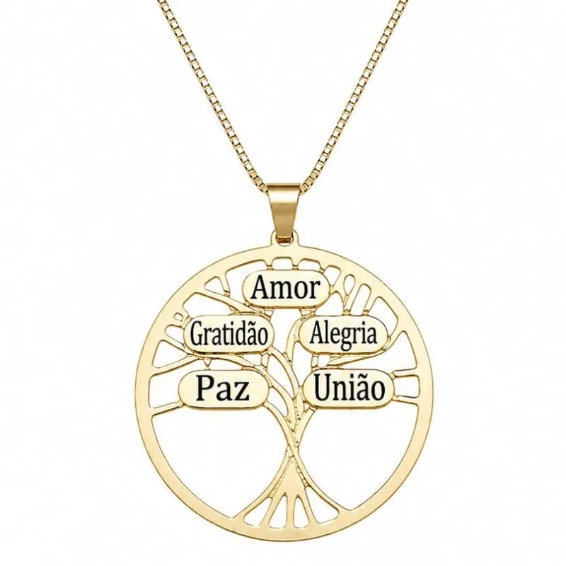 Colar Personalizado Redondo 3cm 5 Nomes Árvore da Vida Banhado a Ouro.