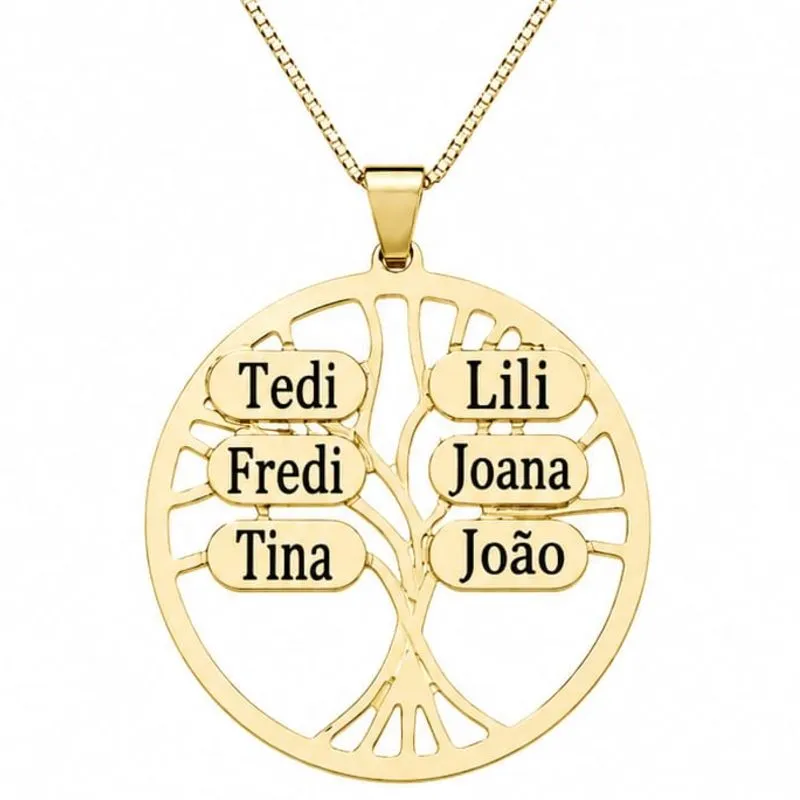 Colar Personalizado Redondo 3cm 6 Nomes Árvore da Vida Banhado a Ouro.