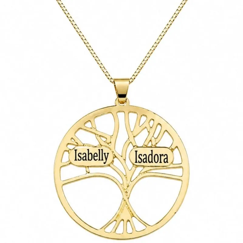 Colar Personalizado Redondo 3cm Árvore da Vida 2 Nomes Banhado a Ouro.