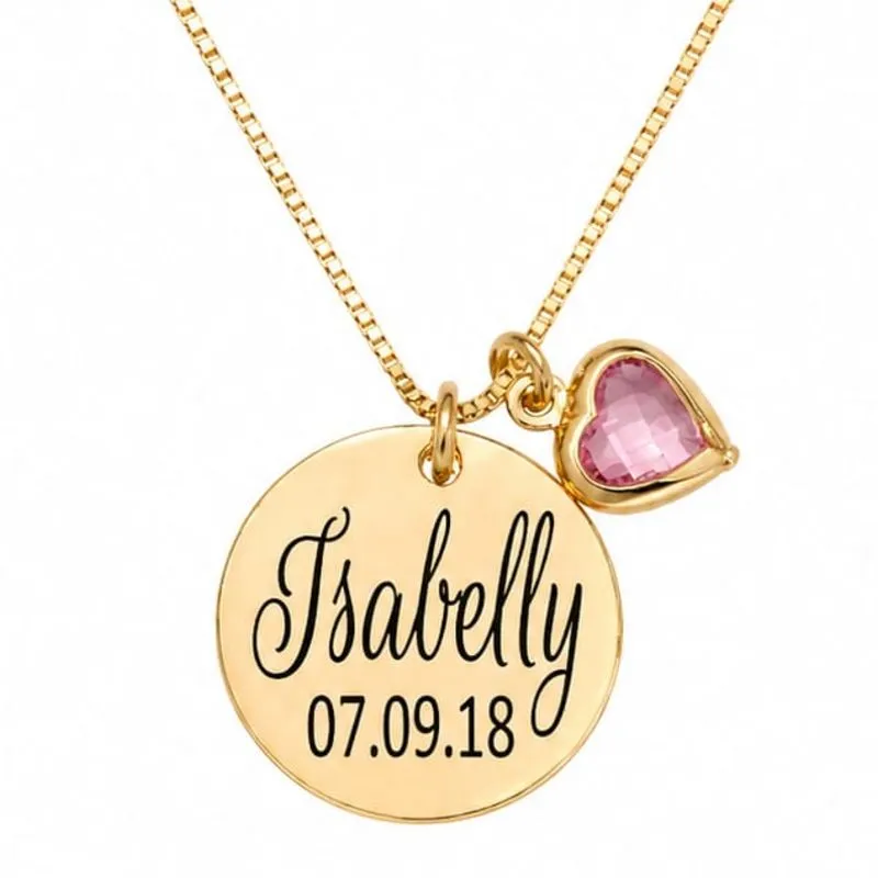 Colar Personalizado Redondo com Nome e Data Banhado a Ouro.
