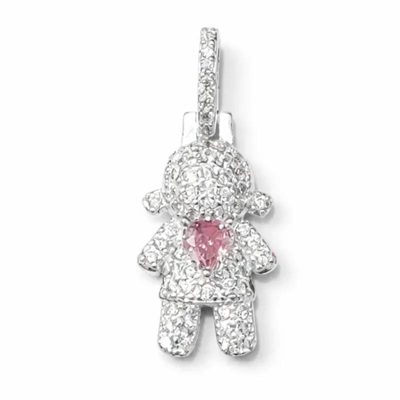 Pingente Menina com Coração Rosa em Prata 925 (Pequeno)