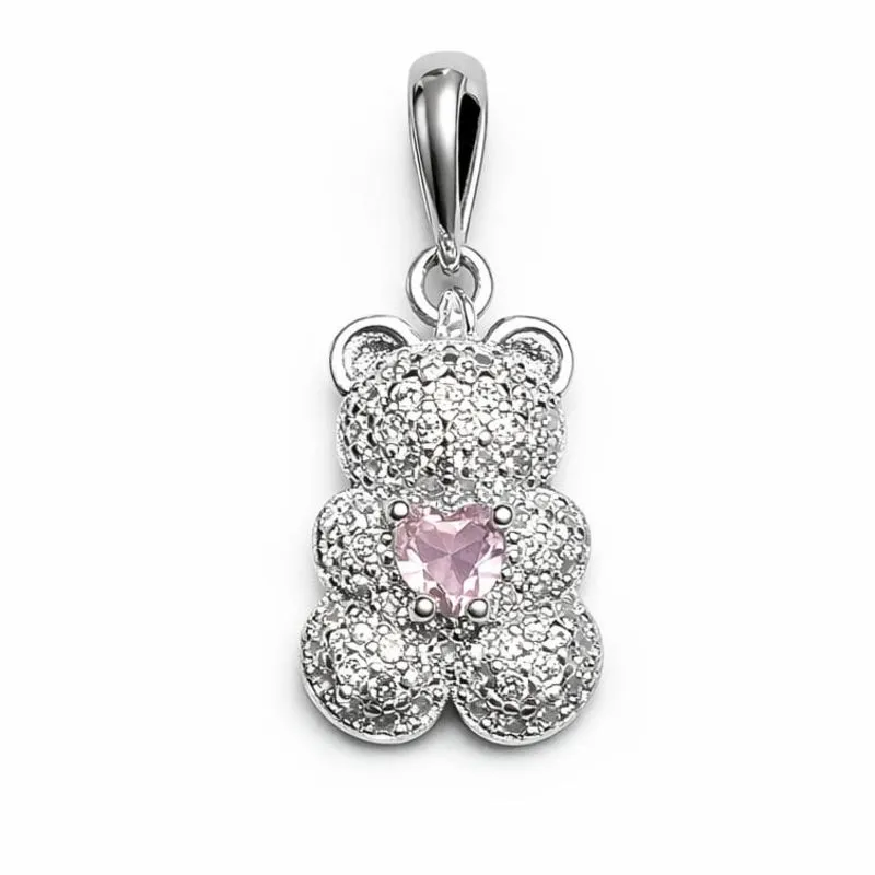 Pingente Ursinho em Prata 925 com Coração Rosa