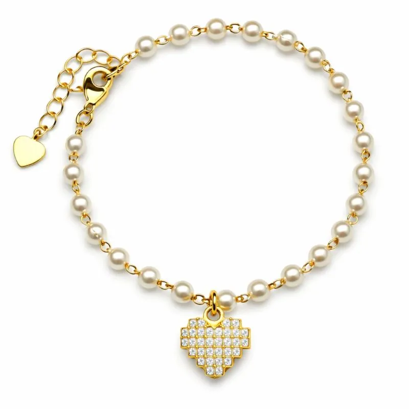 Pulseira de Pérolas com Coração Cravejado