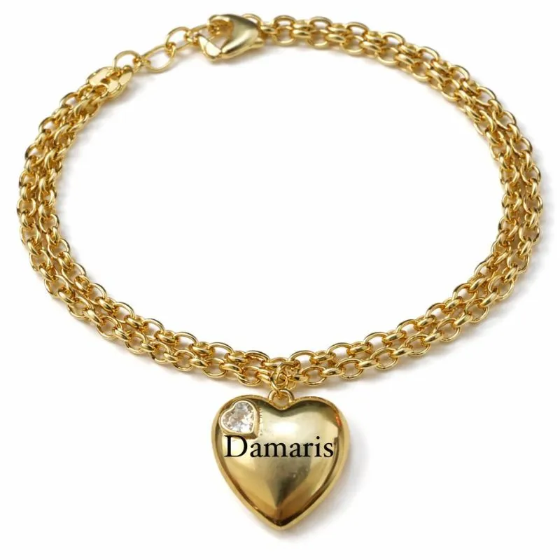 Pulseira Elo Português Dupla com Pingente de Coração Personalizado